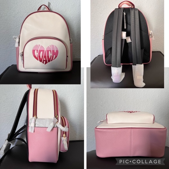 NWT COACH COURT LEATHER BACKPACK WITH STRIPE‎ HEART MOTIF GOLD/CHALK MULTI - Picture 6 of 11